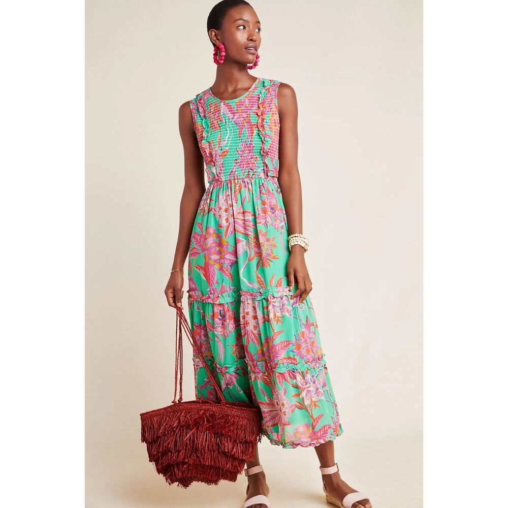 Banjanan Isha Smocked Midi Dress Flamingo Rhododendron Green M